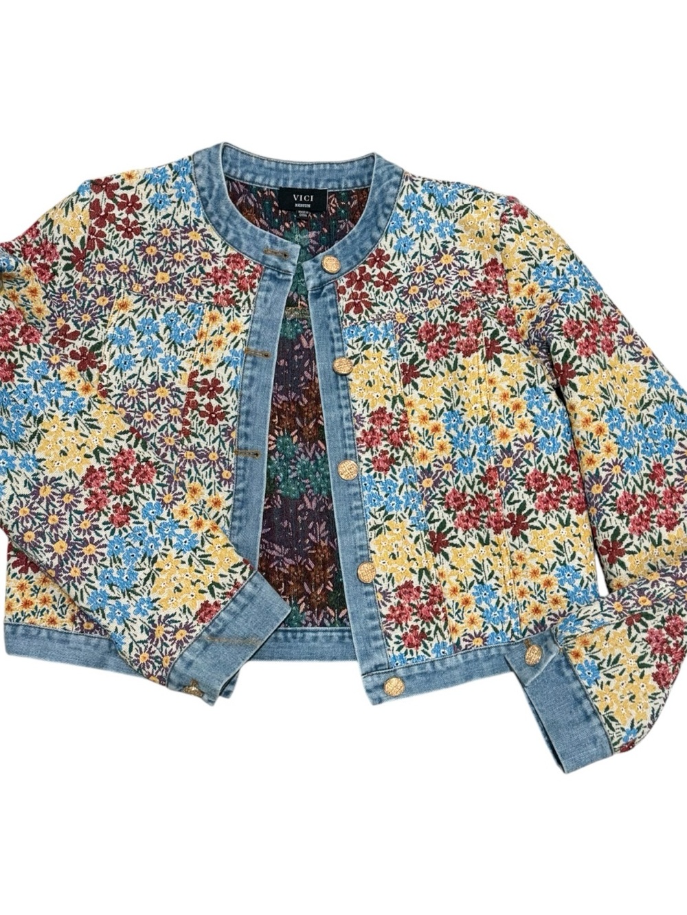 ✨🌸VICI Women’s Painted Petal Floral DenimTrim Jacket W/ Gold Buttons | M